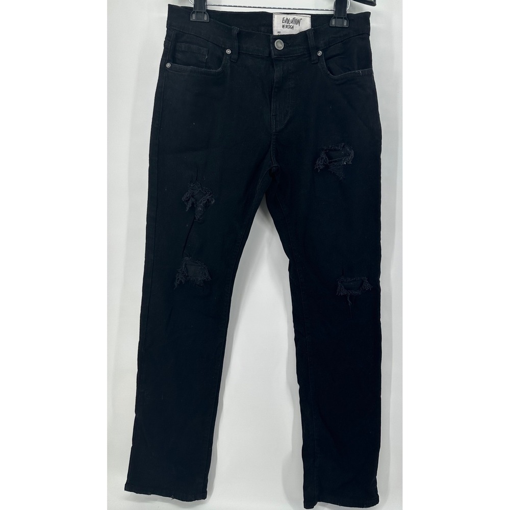 Evolution In Design Men Slim Straight Distressed Black Jeans 32x34 Stretch Denim